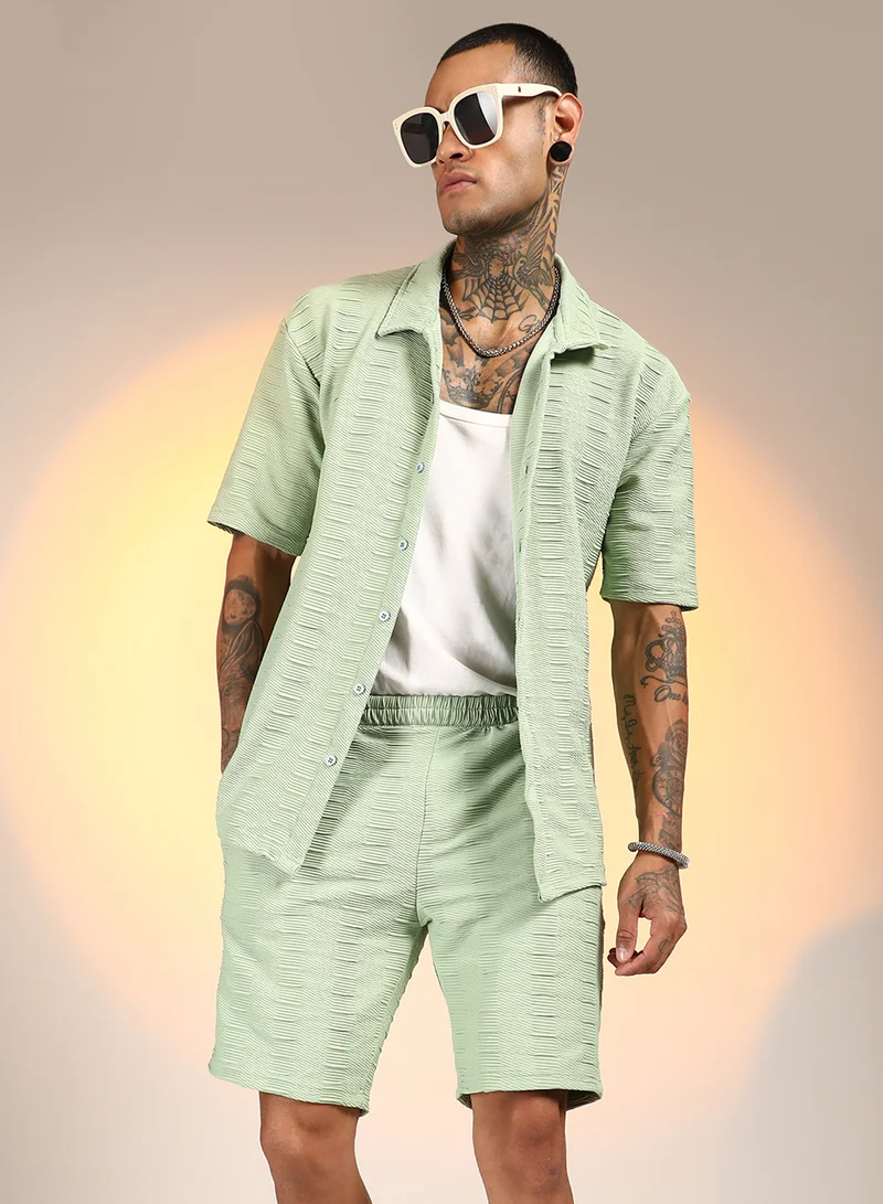 Campus Sutra Men's Mint Green Ruche-Ribbed Co-Ord Set For Casual Wear | Spread Collar | Short Sleeve | Button Closure | Co-Ords Crafted With Comfort Fit For Everyday Wear
